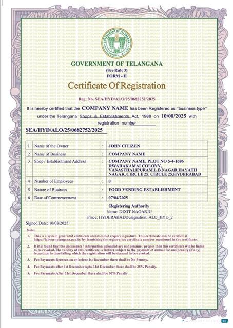 Download India Telangana certificate of registration Word and PDF template Photoshop template